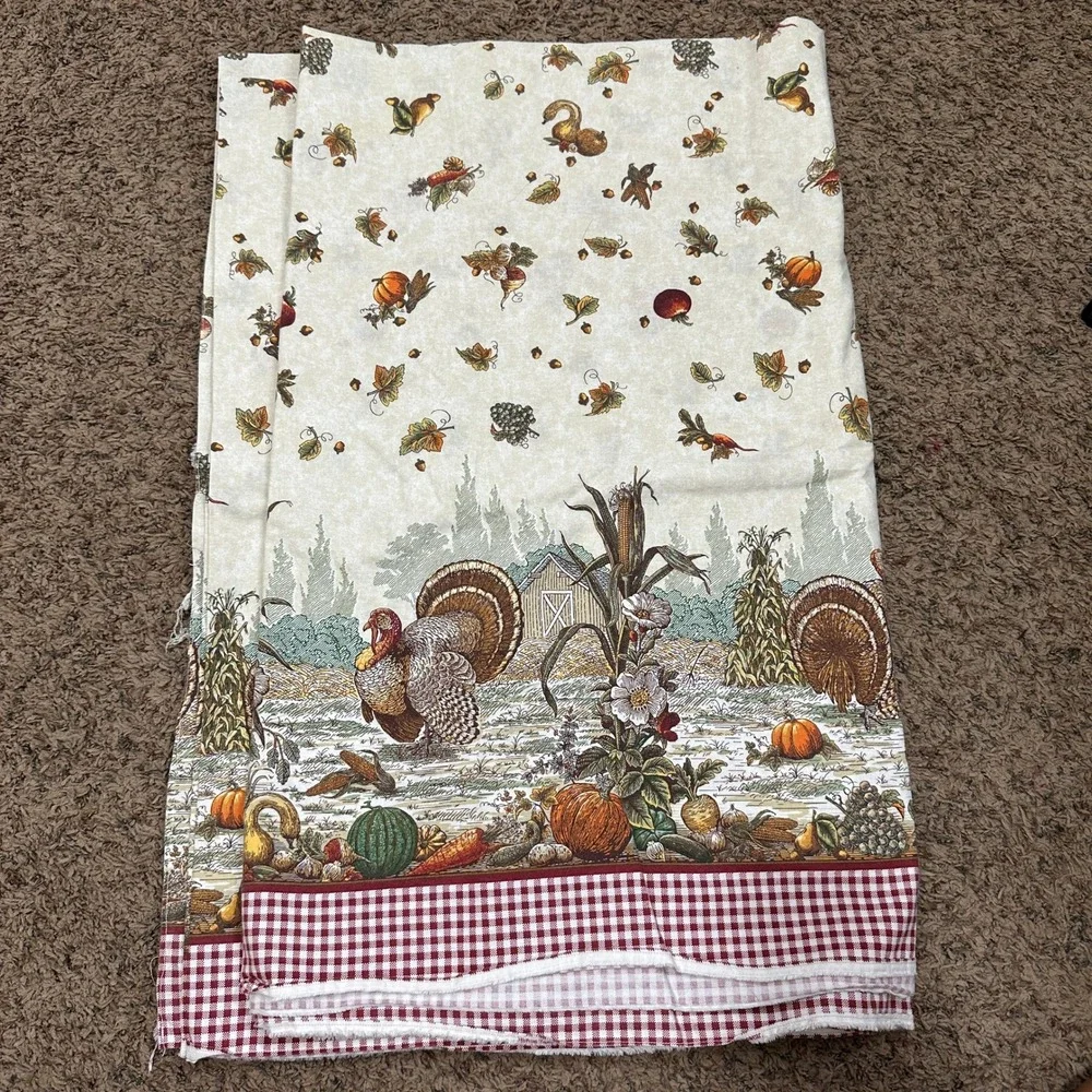 Vintage Thanksgiving Harvest Fabric Turkey Pumpkin Gingham Border Autumn Decor